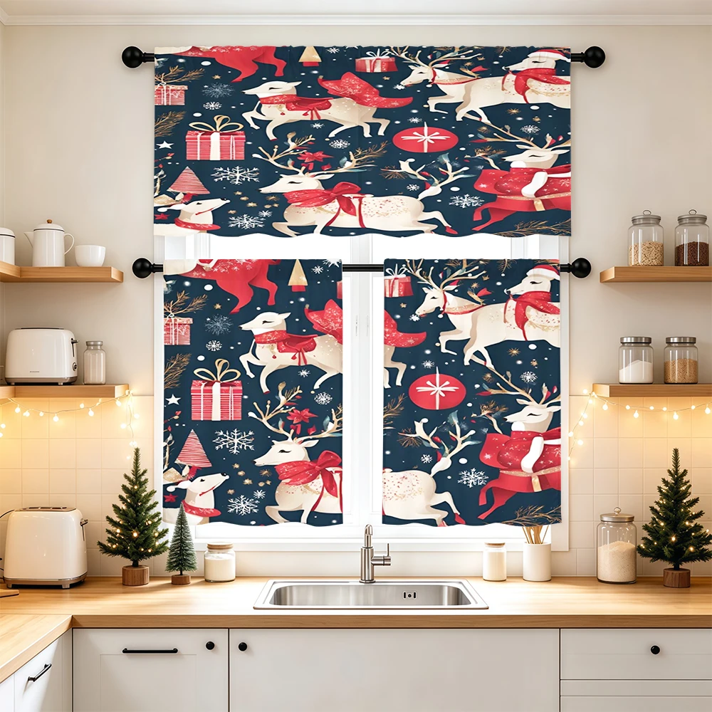 Christmas Kitchen Curtains, White Reindeer Gift Pattern, Digital Print, Kitchen Dining Room, Rod Pocket Polyester, Home Decor