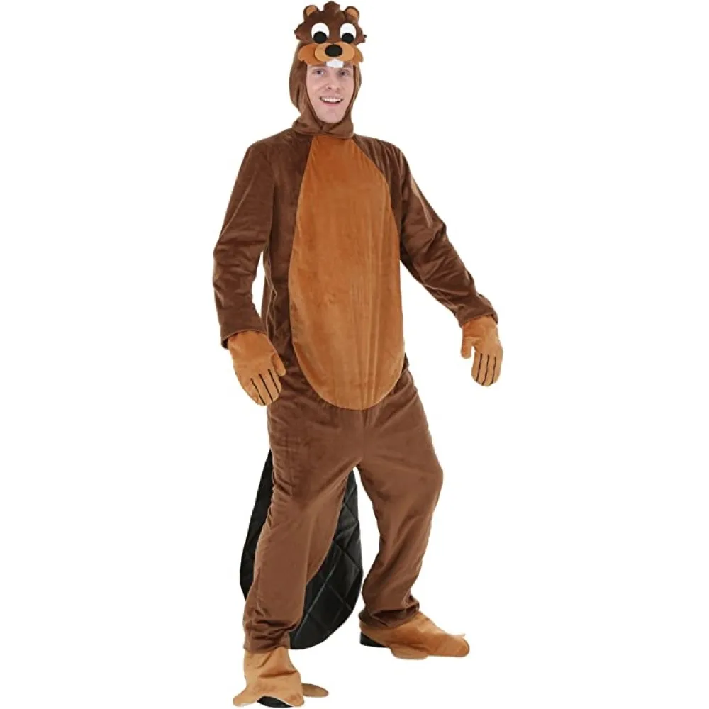 Busy Beaver Costume Short Plush Animal Halloween Cosplay Jumpsuit for Adult Kids Party Outfits with Headpiece Gloves Boots