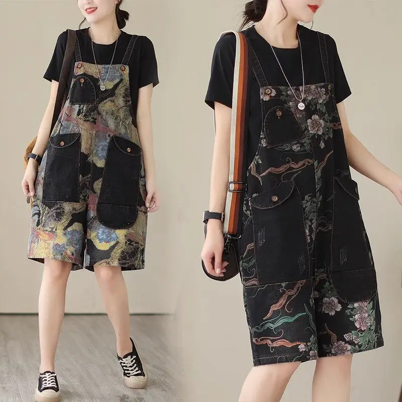 Playsuits Oversized Denim Strap Pants Women Summer Loose Retro Printed Jumpsuit Shorts Good Quality Vintage Jeans Overalls Z1704