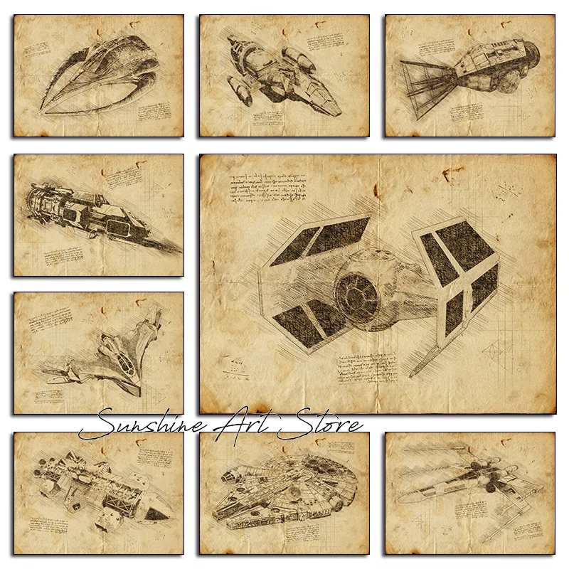 Sci-Fi Spaceship High Technology Space Sketch Art Retro Blueprint Style Fans Art Poster Canvas Painting Wall Pictures Home Decor