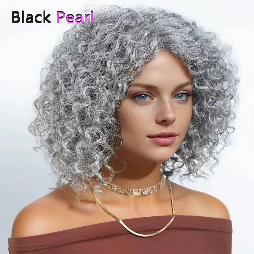 

Black Pearl Brazilian Remy Hair Salt and Pepper Hair Wig Silver Grey Kinky Curly Short Bob Lace 100% Human Hair Wigs For Women