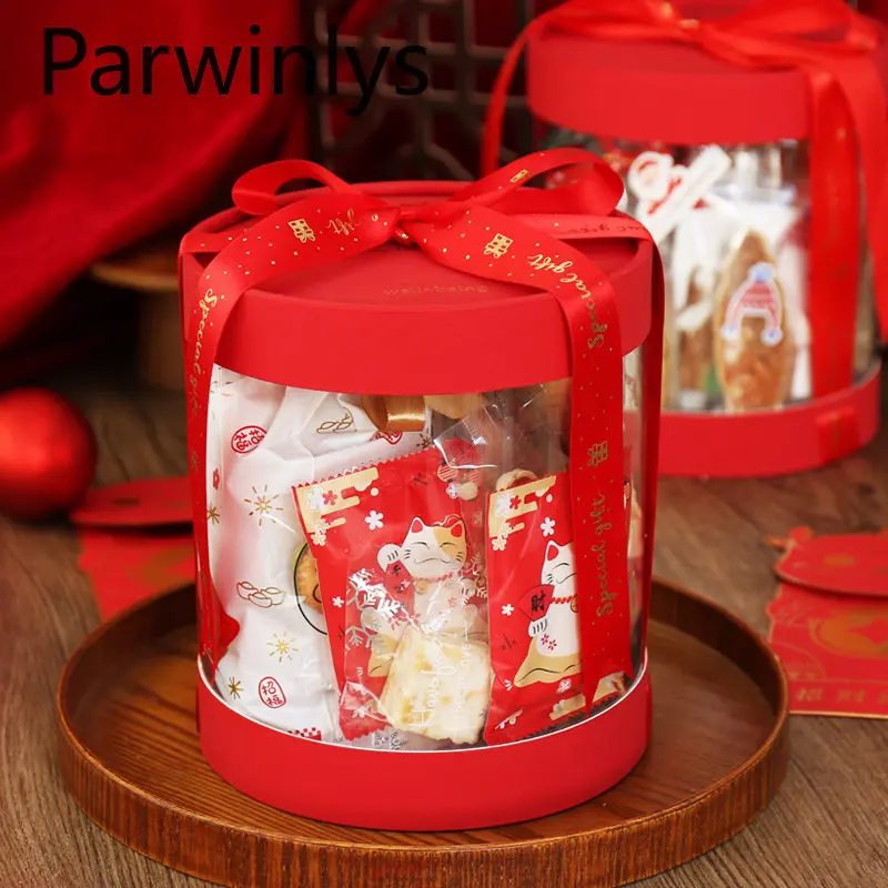 

1-12 PCS Chinese New Year Snack Hug Bucket Transparent Spring Festival Gift Box Tote Bag Package Wholesale Holiday Party Pastry