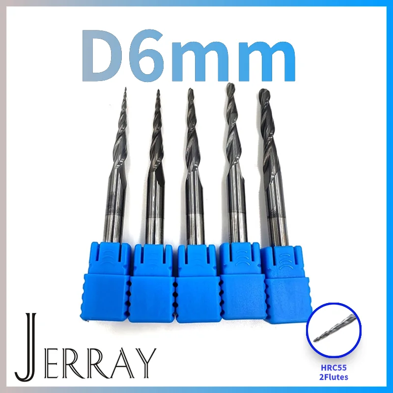 JERRAY shank Dia 6mm HRC55 rivestimento 2 flauto carburo di tungsteno solido conico a sfera naso frese frese fresa CNC