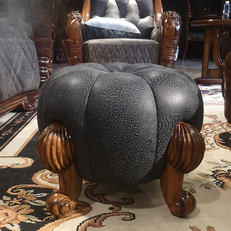 Ebony solid wood carving genuine leather pumpkin stool villa small