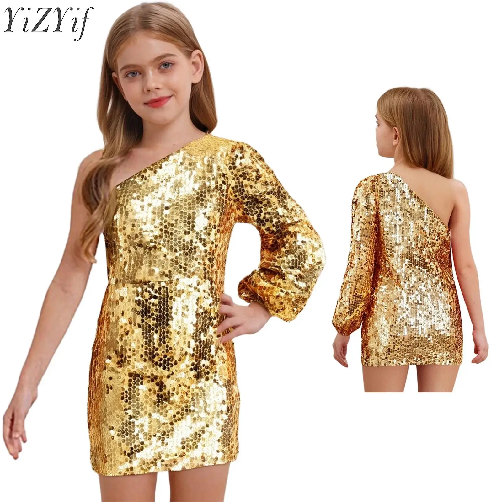 Kids Flower Girls Dress One Shoulder Long Sleeve Above Knee Sparkling Sequins Dress for Birthday Pageant Wedding Evening Party