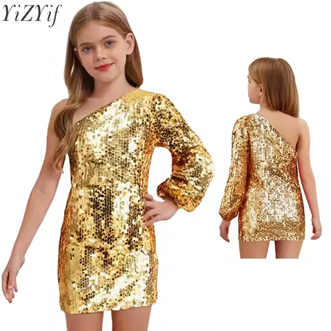 Kids Flower Girls Dress One Shoulder Long Sleeve Above Knee Sparkling Sequins Dress for Birthday Pageant Wedding Evening Party