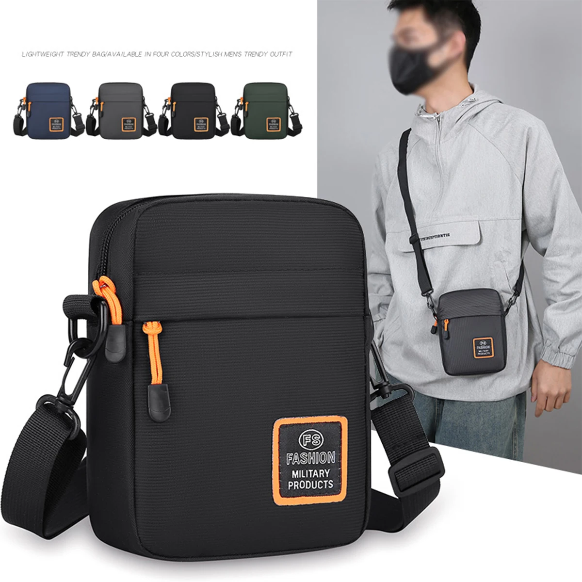 

Men’s Lightweight Nylon Crossbody Bag Multiple Compartments Zipper Square Bag Adjustable Strap Crossbody Bag For Daily Use