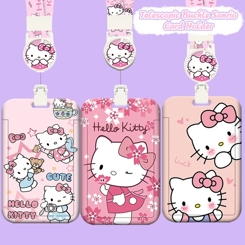 Kawaii Hello Kitty Photo Card Holder Sanrio KT Cat Telescopic Easy-Pull Buckle Card Sleeves Pendant Meal Card Bus Card Cover