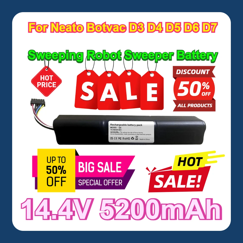 

For Neato Botvac D3 D4 D5 D6 D7 205-0011 Sweeping Robot Sweeper Battery 14.4V 5200mAh Battery