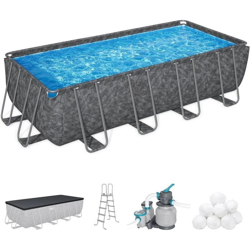 

365 18' x 9' x 52" Above Ground Pool, Rectangular Metal Frame Outdoor Swimming Pool Set with Sand Filter Pump, Dark Marble