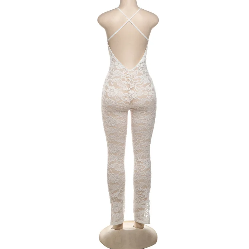 Donne Sexy See Through Lace tute con scollo a v spalline senza spalline Backless Slim Club Party tuta moda Streetwear