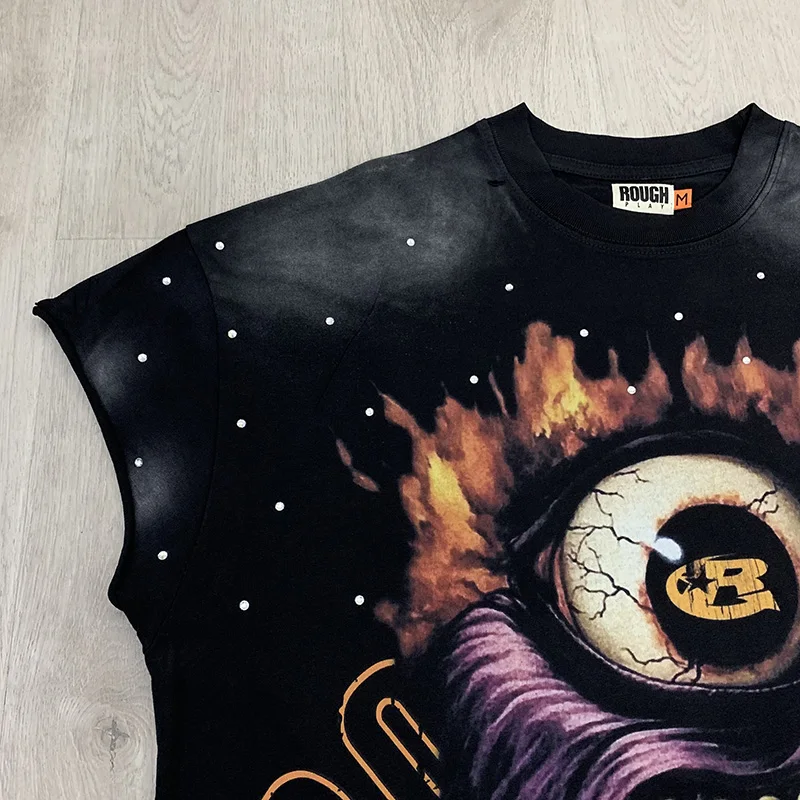 RoughPlay Monster Cut Off Maniche T Shirt Uomo Donna igh Street Vintage Lavato Foro Danneggiato Tee Strass Gioco Ruvido T Shirt