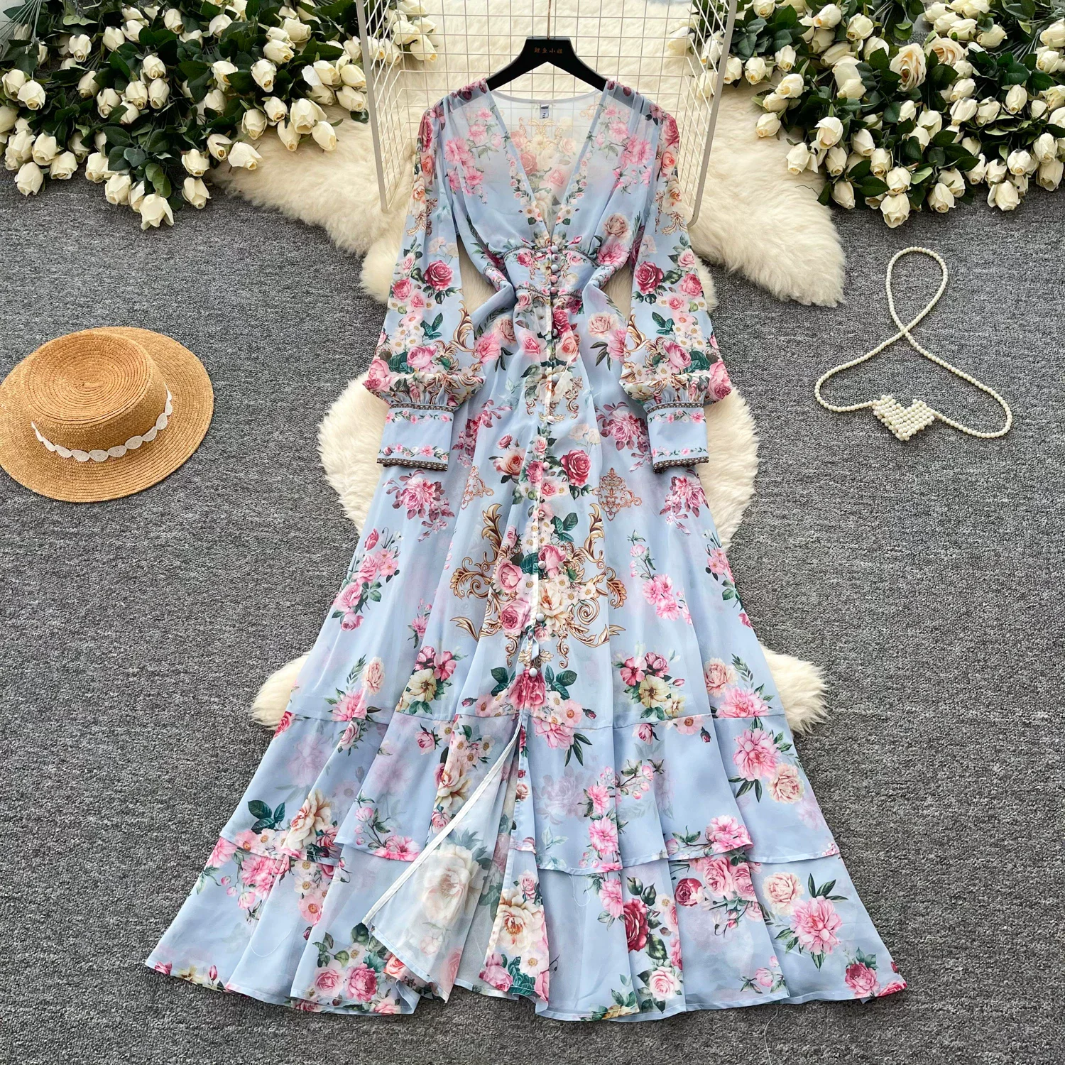 

Women's Sexy V-Neck Long Sleeve Print Dress Bohemian Flower Maxi Sundress for Summer Vacation Casual Beachwear
