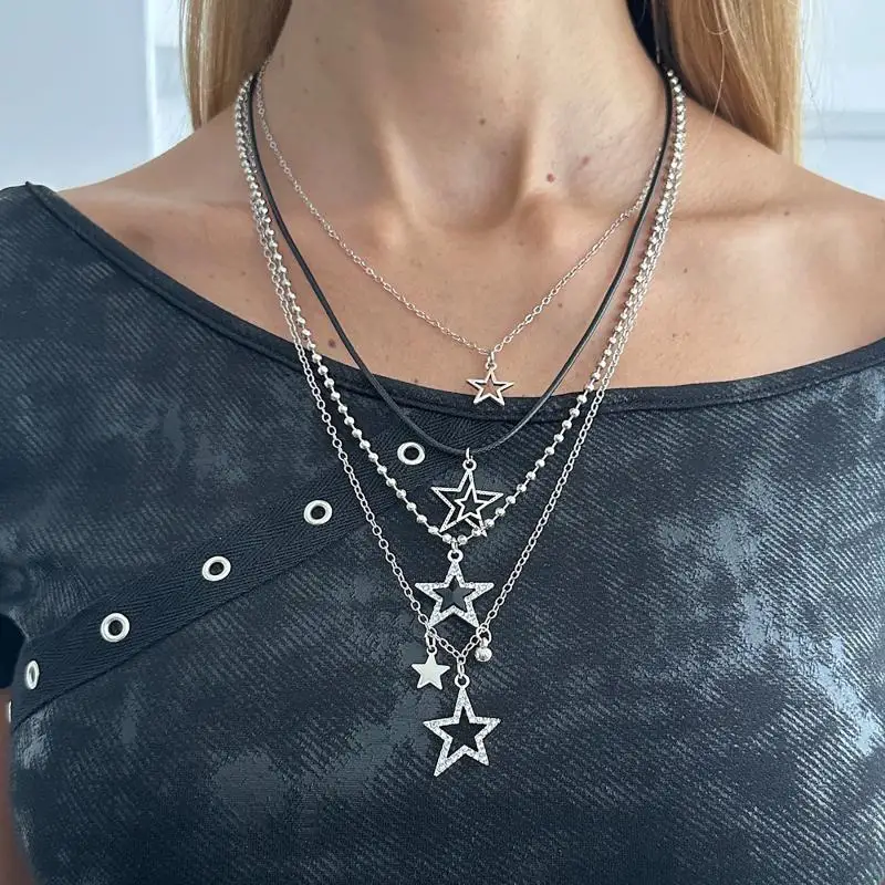 Punk-Rock Silberfarbene Vortex-Stern-Anhänger-Kette Mehrlagige Halskette für Frauen Männer Charms Y2k Grunge Accessoires Schmuck – Detail 11