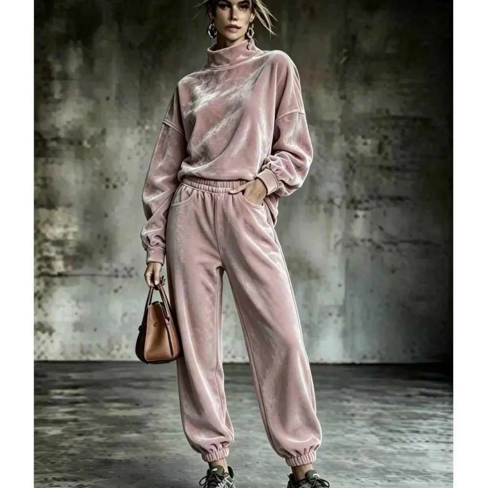 Autumn Winter Fashion Half-Neck Sweater Pants 2 Piece Set Casual Wear With Retro Cuffed Bottoms Women Sports Outfit With Pockets