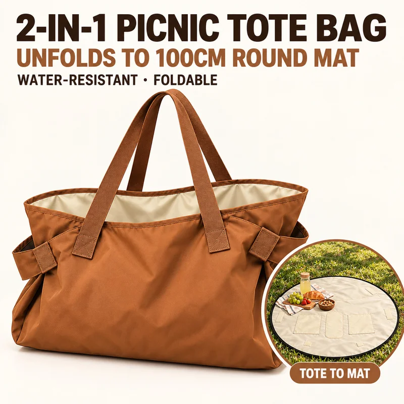 2 in 1 Convertible Picnic Tote Bag 100cm Round Mat Water-Resistant Foldable Shoulder Bag for Camping Park Travel