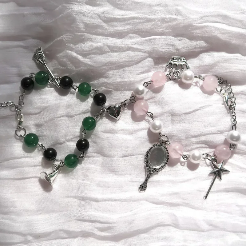 handmade Wicked Elphaba and Glinda matching Friendship Charm Bracelets with heart magnet charms|y2k|acubi
