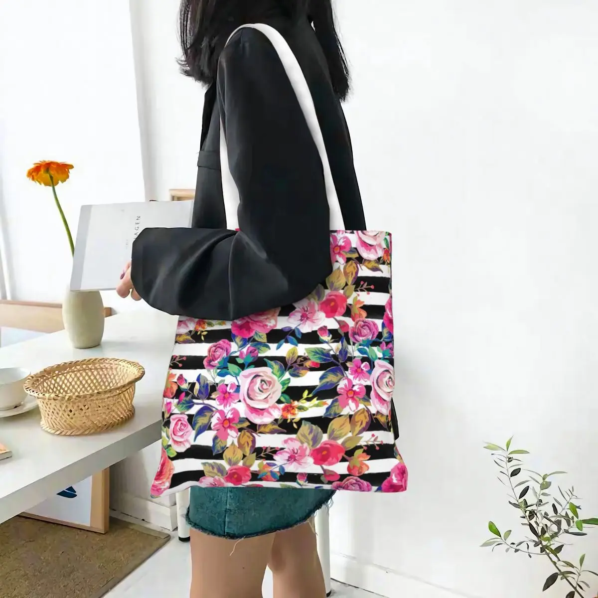 Women Men Spring Floral And Stripes Watercolor Tote Bags Canvas Rose Shopping Bag for Shopping Handbags