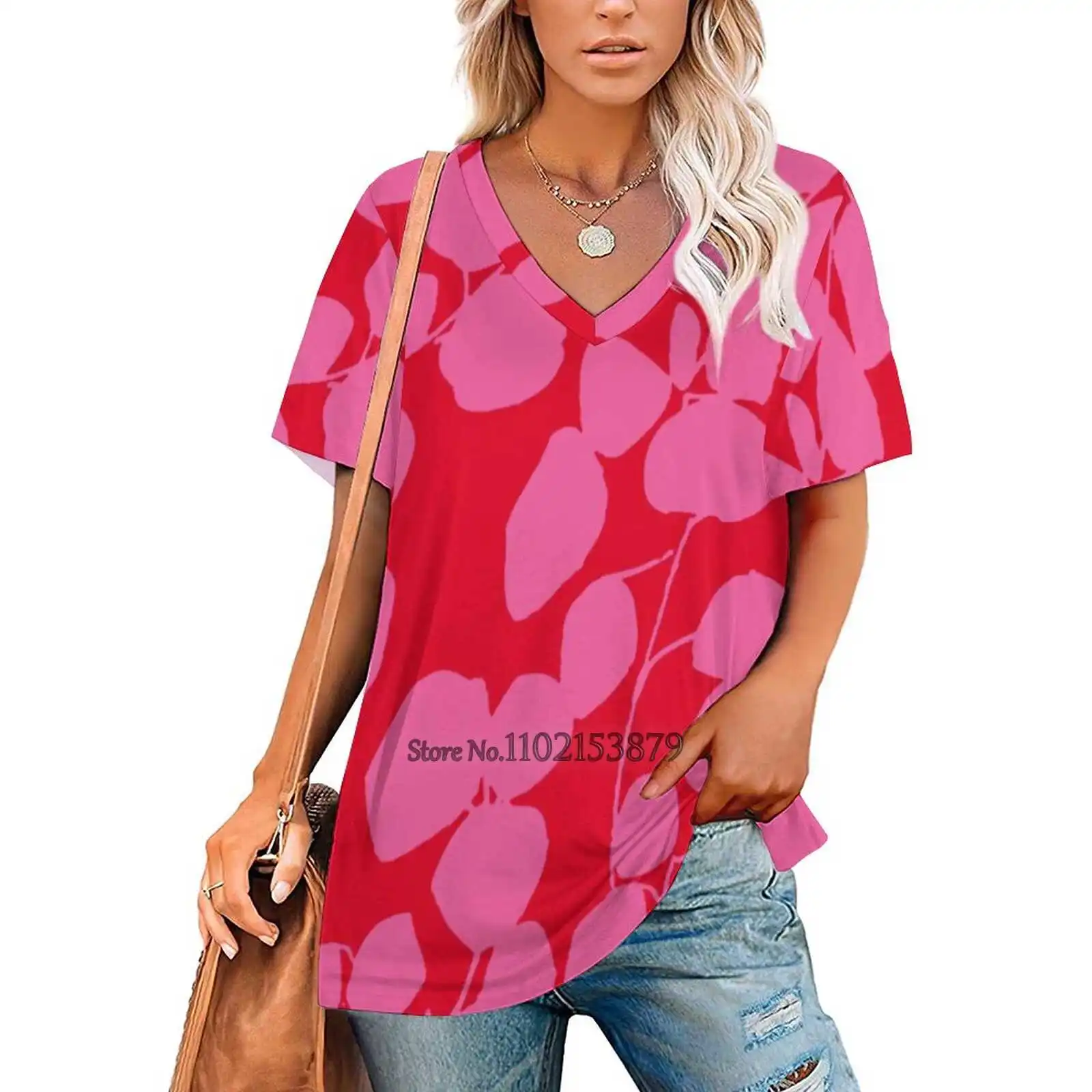 Eucalyptus Foliage Pattern / Hot Pink And Red / Large Simple Zipper Sexy T-Shirt Casual Tops Hollow Pullover Ladies Top T