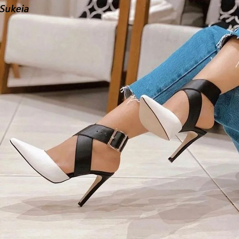 

Sukeia New Arrival Women Spring Pumps Buckle Strap Pointed Toe Sexy Stiletto Heel White Office Lady Shoes Plus US Size 5-15