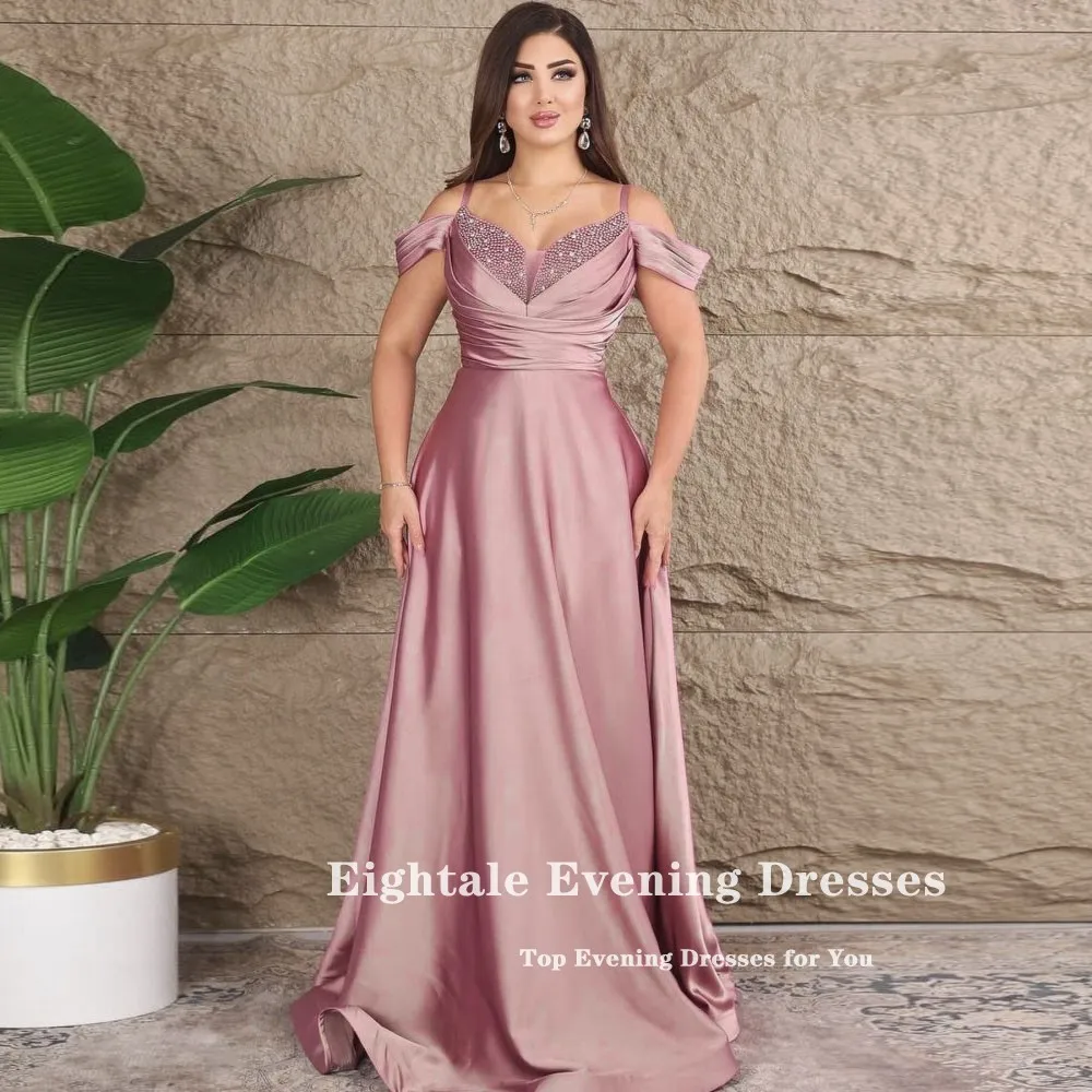 Eightale Emerald Green Evening Dress Spaghetti Strap Beaded with Pearls A-Line Satin Pink Prom Wedding Party Gown Abendkleider