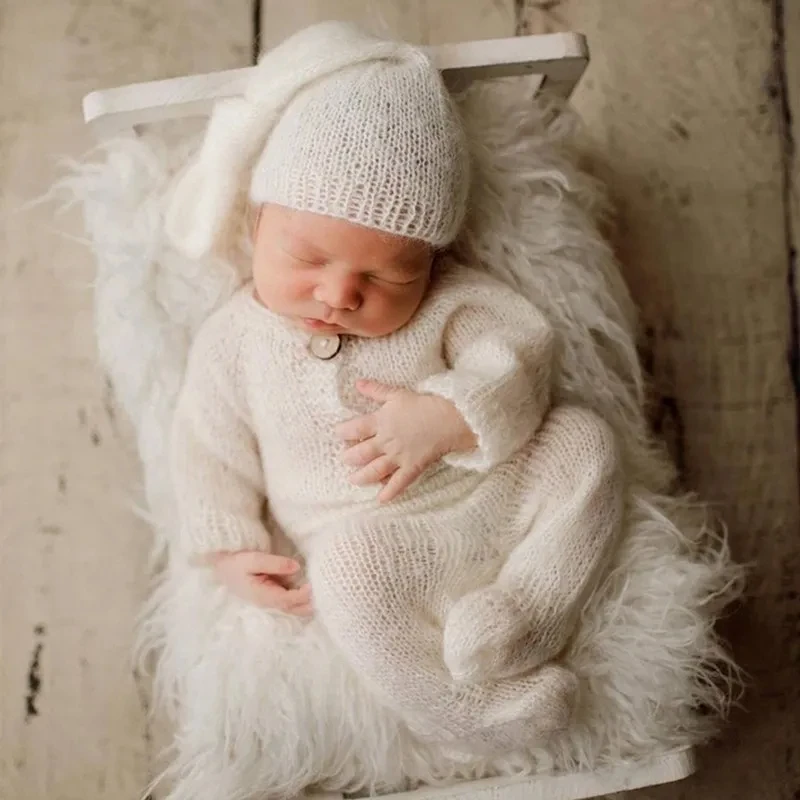 ❤️Newborn Photography Props Baby Mohair Footed Romper Outfits with Sleeping Hat Baby Photo Prop Costume Accessories Fotografia