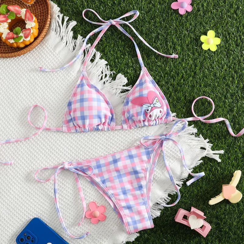 2-częściowy zestaw Bikini Sanrio HelloKitty lato plaża słodkie kreskówki moja melodia miękkie wiozane na boku majtki seksowne Bikini strój kąpielowy