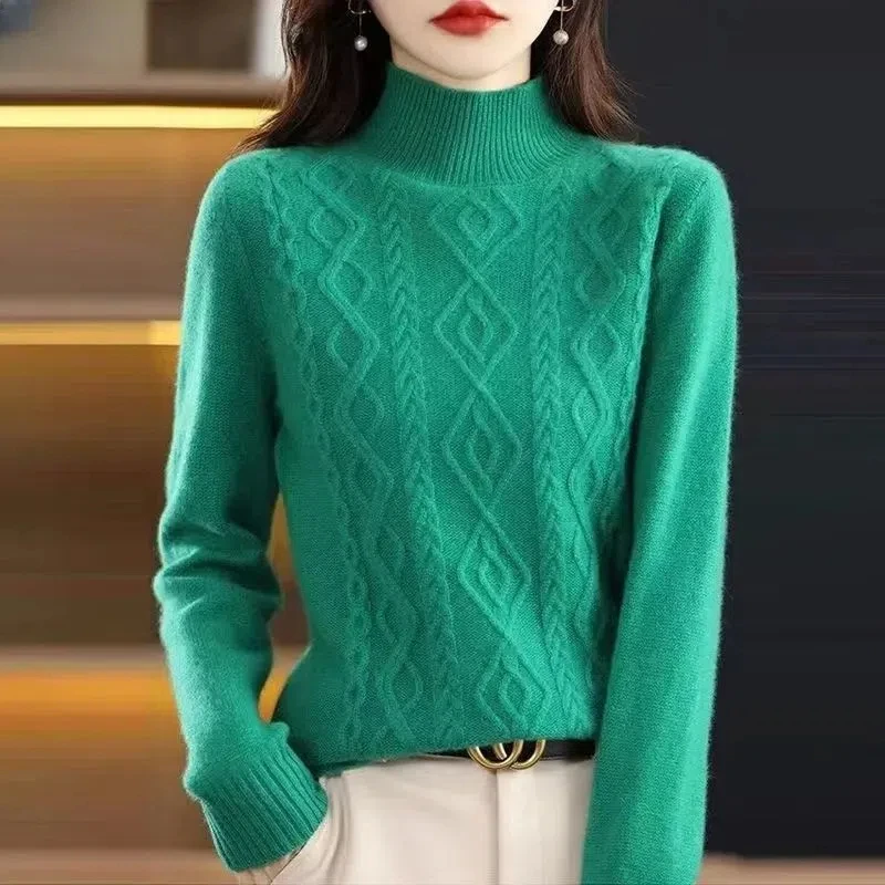 Sweater Knitted Pullover Women's Clothing Autumn Winter Screw Thread Half High Collar Solid Color Long Sleeve Flattering Tops