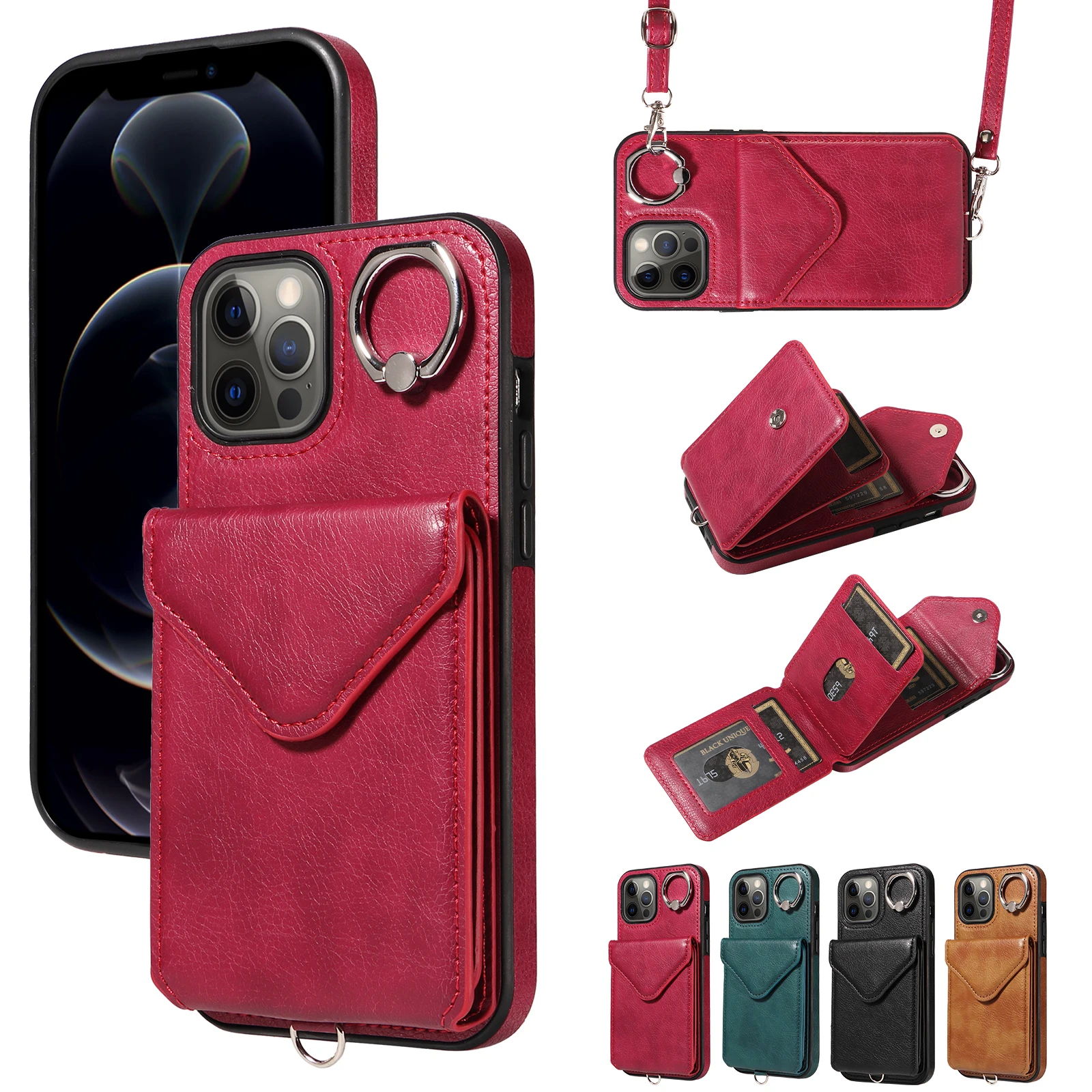 Funda de teléfono IPhone 11/pro/pro max 12/pro/pro max con soporte de hebilla de anillo con patrón de lichi y múltiples ranuras para tarjetas