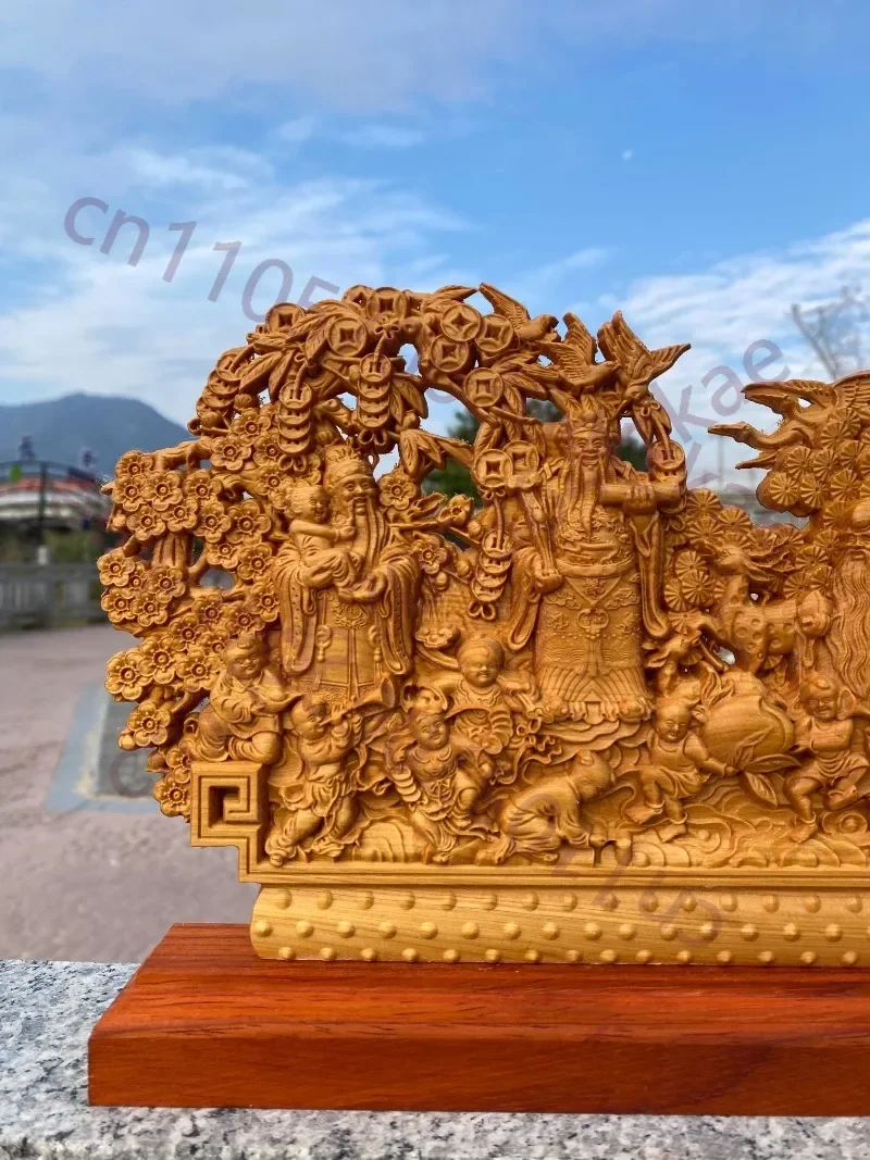 Hand Carved Taihang Cliff Cypress Wood Fu Lu Shou Statue Sculpture Scene - Prosperity Wealth Longevity Ornament Home Living Room