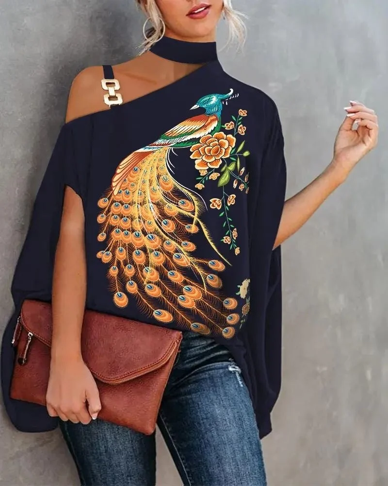 Street Sle Faionable Printed irt Women's Ne Hanging Batwing Sve Ladies' Blouse Spring Summer Autumn Polyester Cott...
