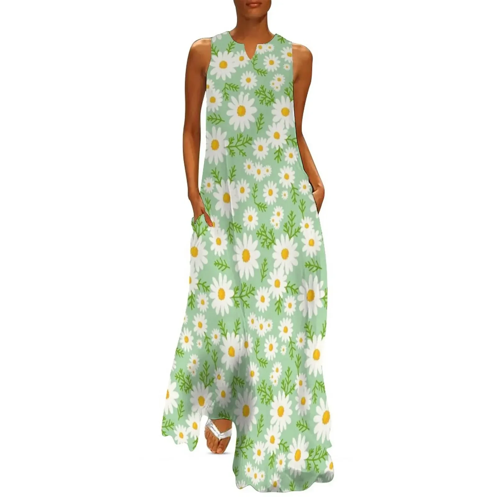 

White Daisies Pastel Green Long Dress Beachwear women's summer dresses 2025 Dress