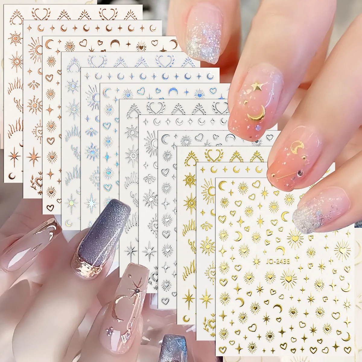 3/4/6/8/12 Blatt 3D Himmelsmotiv Sonne Mond Stern Herz Gold Silber Roségold Holografische Selbstklebende Nagelkunst-Aufkleber