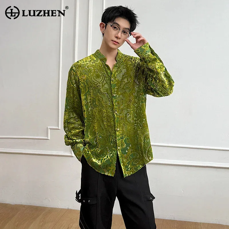 LUZHEN 2026 Autumn Men's Niche Design Velvet Embroidery Pattern Long Sleeve Shirts Elegant Luxury Metal Button Male Tops JY8796