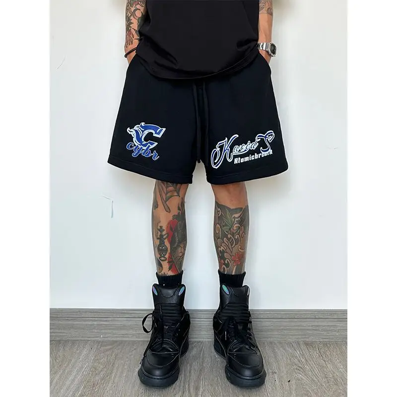 

Retro Gothic Letter Print Design Men's Sport Shorts Summer Loose Straight Casual Basketball Pants Polyester Fiber Straight Leg