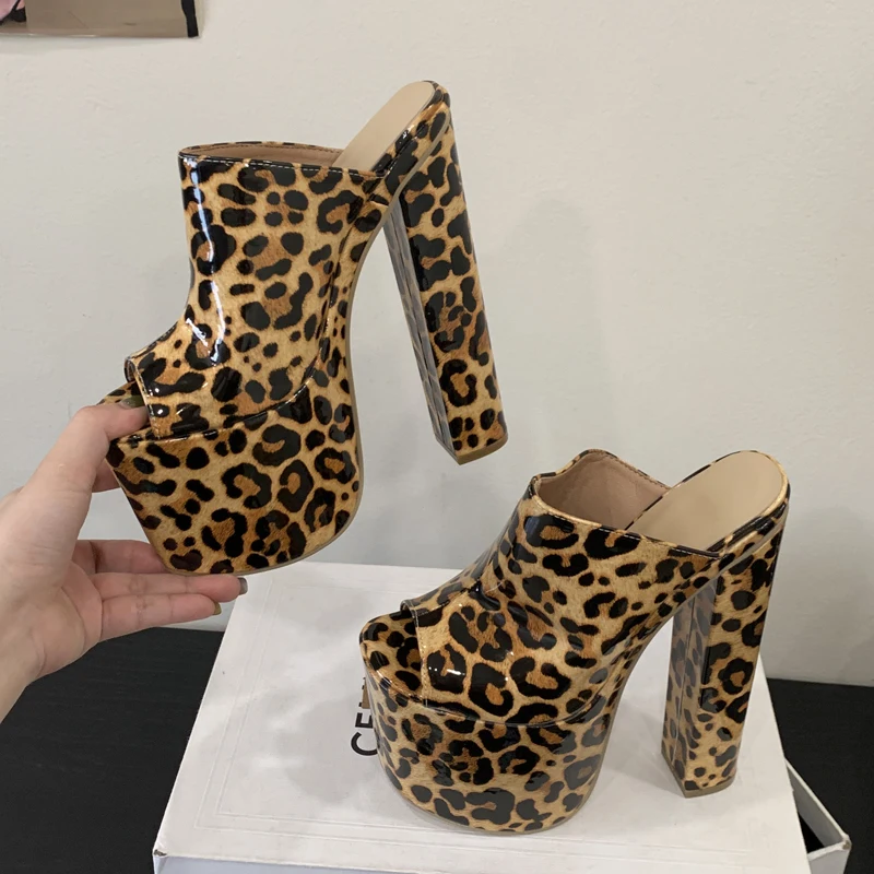 Aneikeh 2026 Summer Thick Platform Leopard Print Peep Toe Women Slippers Street Style Super Square High Heels Shoes