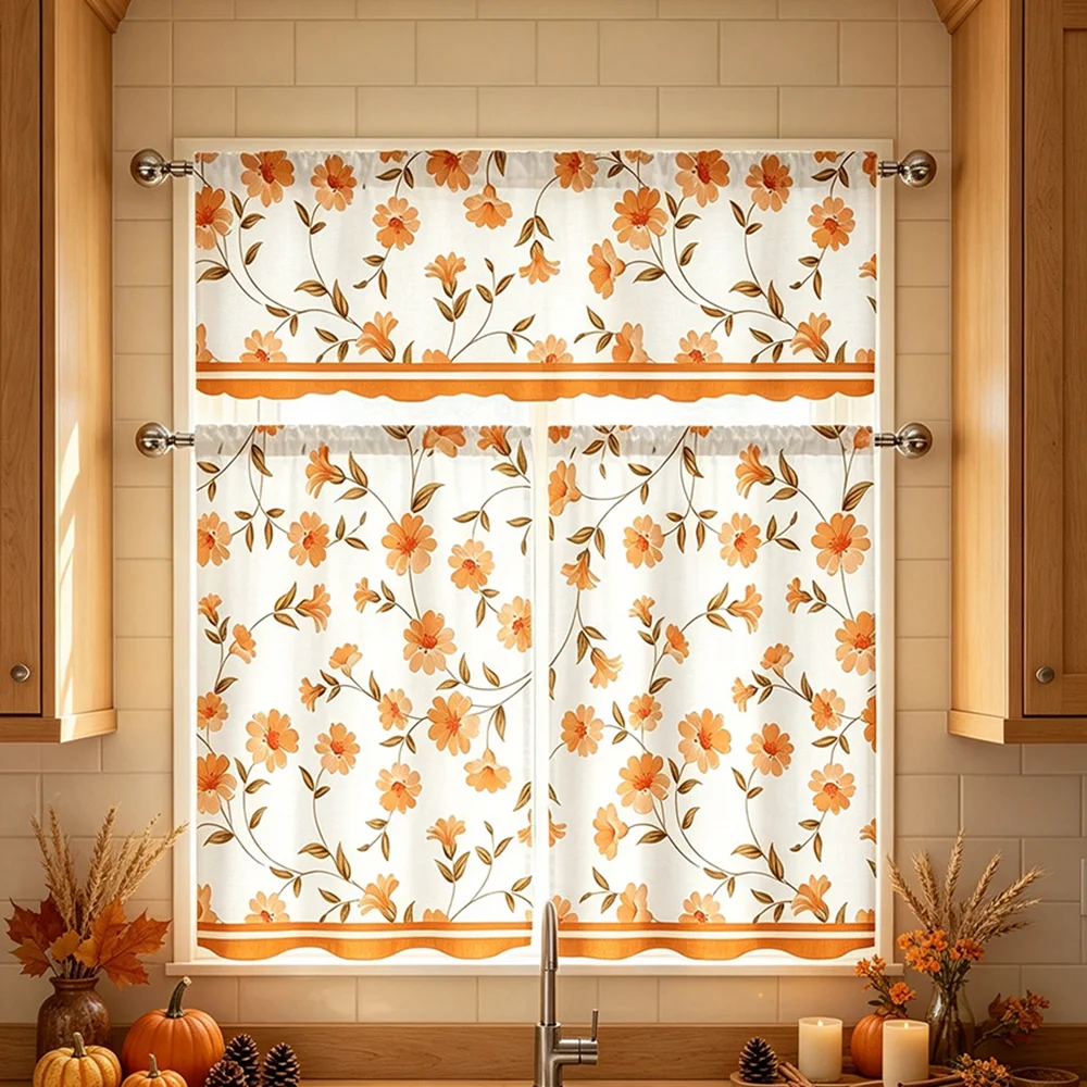 Decorative Kitchen Curtain Set, Orange Floral Vine, Countryside Style, Valance and Short Curtains, Elegant Kitchen Decor