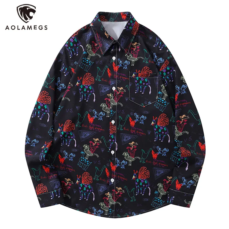 Men's Shirts Cartoon Pattern Print Clothes Long Sleeve Harajuku Casual Blouse Loose Cute Childlike Tops Versatile Coats Unisex