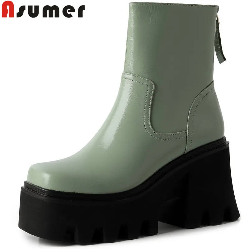 

ASUMER 2024 New Arrive Genuine Leather Boots Woman Thick High Heels Platform Shoes Zipper Winter Ladies Ankle Boots