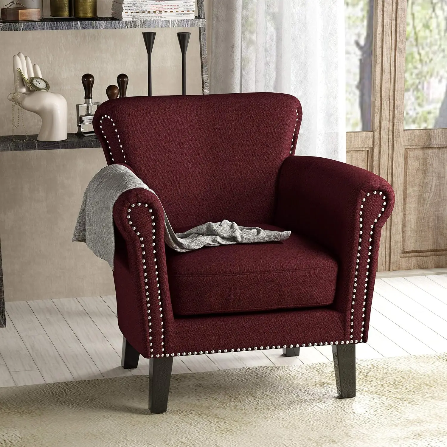 Scroll Arm Club Chair with Nailhead Trim in Wine and Dark Brown for Contemporary Spaces