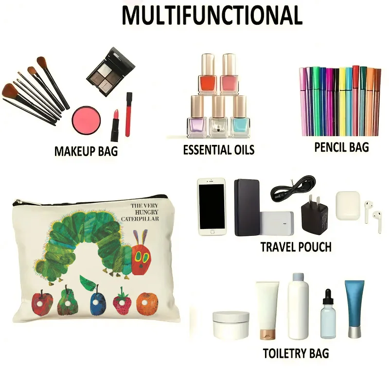 毛虫の形をしたメイクアップバッグがとても気に入っています - 多機能で大容量の携帯用メイクアップバッグ、旅行に最適なジッパー付きです。