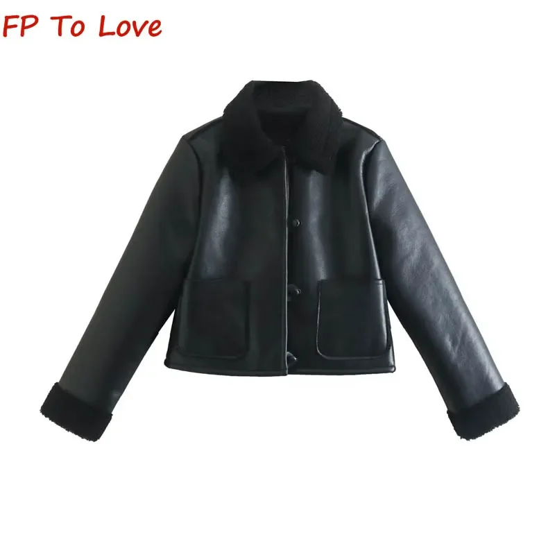 

Winter Fur One Lambswool Fleece Reversible Jacket PB&ZA Woman Black Warm Jacket Streetwear 8741232