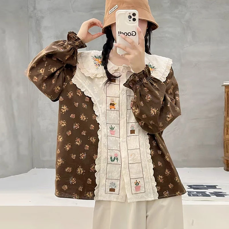 Spring New Japanese Vintage Mori Girl Cartoon Embroidery Floral Printed Patchwork Shirts Women Peter Pan Collar Long Sleeve Tops