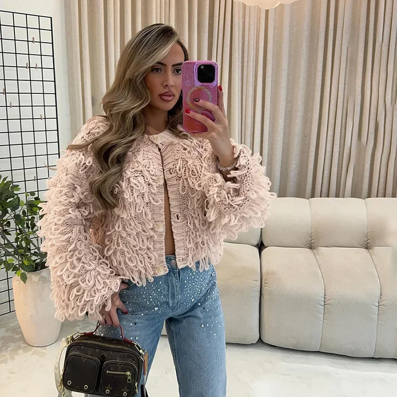 Women Solid Tassel Knitted Sweaters Coat 2024 Fall Winter Fashion Long Sleeve Single Breasted Casual Cardigans Street Outerwear