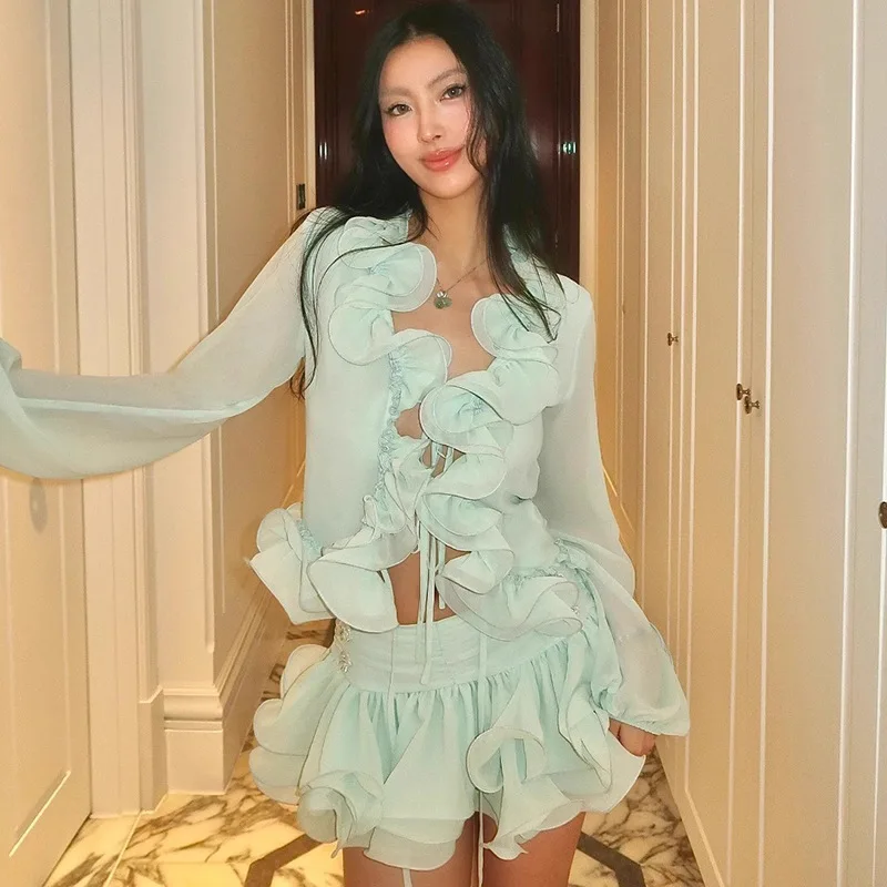 

Модная зеленая юбка, весенний женский кардиган с воланами, топы с длинными рукавами + высокая талия, мини-юбка с бюстом, костюм, осенний комплект из двух предметов