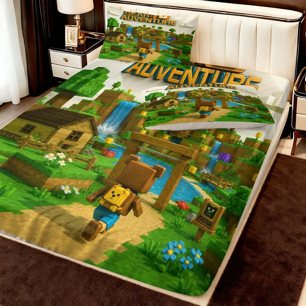 Digital Print Three-Piece Bed Sheet Set, Pixel Bear Adventure Bed Sheet Set, Adventure Theme, Colorful Bedding (includes 1 bed sheet + 2 pillowcases), Large Capacity Deep Pocket 2D Print Bed Sheet and 2 Pillowcases, Bedding Mattress Protector, Elastic-Fitted Sheet Style, Protective Cover, Mattress Protector, Suitable for All Seasons, Machine Washable Design, Holiday Decoration, Various Sizes, Breathable Protective Cover with Pillowcases
