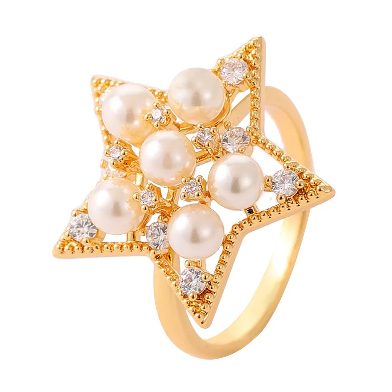 Fashionable, super fairy and sweet temperament, fairy style diamond-set pearl five-pointed star adjustable open ring bracelet