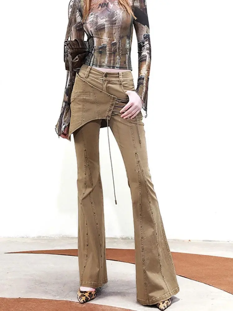 

American High Street Splicing Fake Two-piece Culottes Women's Spring and Summer Spice Girl Riveted Micro-horn Trousers