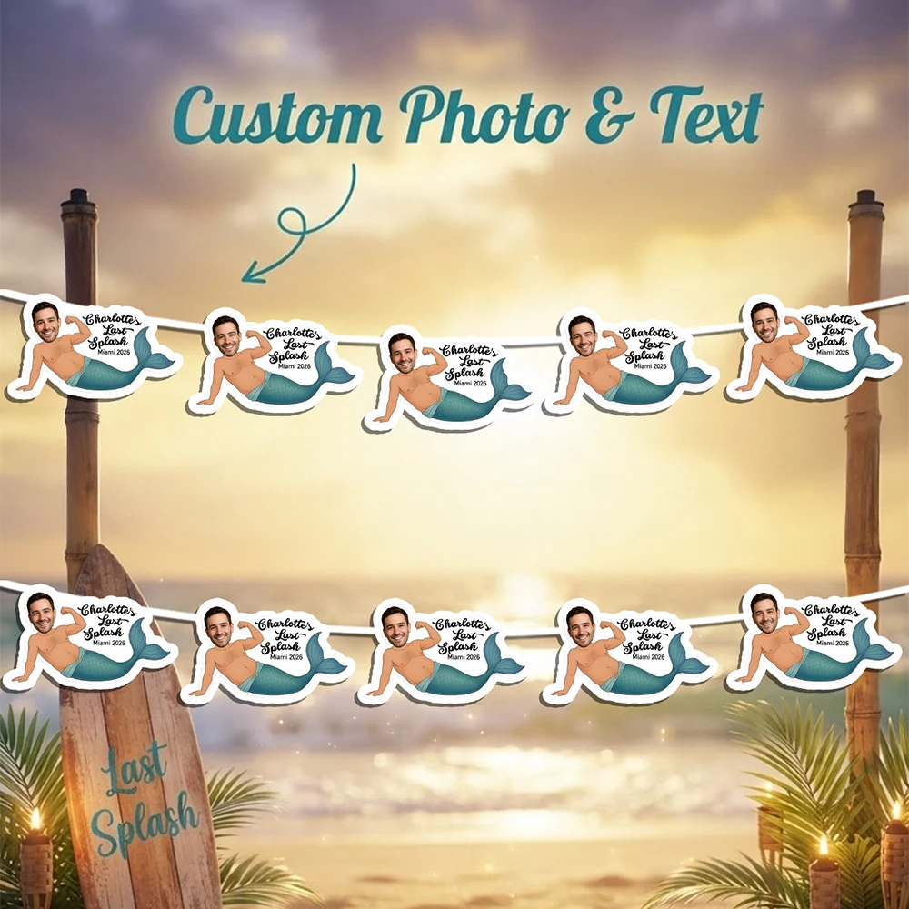Custom Photo Mermaid Bunting Banner, Personalized Face Garland for Funny Gag Gift Birthday Party Engagement Celebration Decor