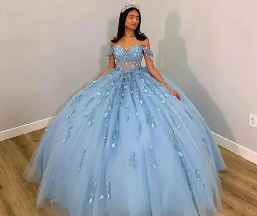 

ANGELSBRIDEP Charming Blue Ball Gown Quinceanera Dresses 3D Floral Appliques Vestidos De 15 Anos Princess Party Gowns Corset